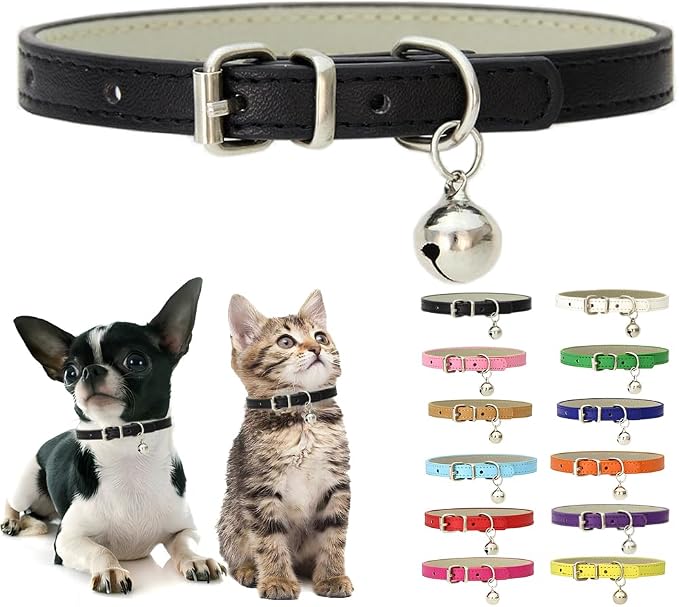 Black XXS Dog Collar with Bell, Soft Pu Leather Puppy Collars Adjustable Buckle by Weimostar