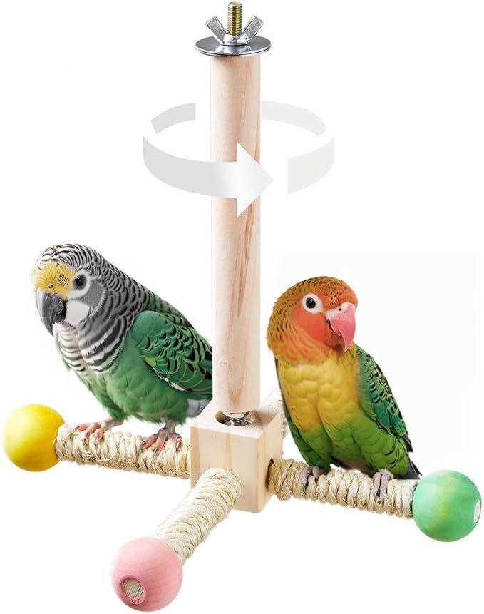 Bird Stand Perch Toy, Interactive Spinning Parakeet Toys, Wooden Exercise Wheel by Jevnd