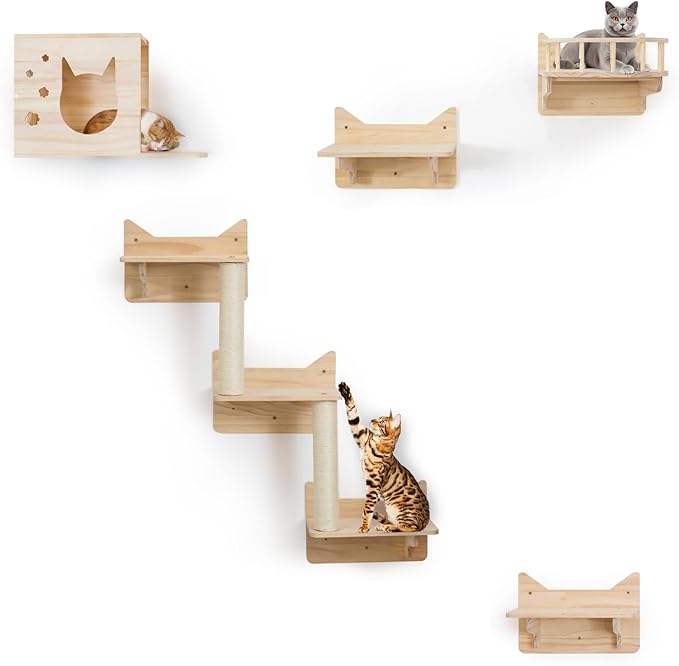 Cat Wall Shelves for Large Cats – Pine Cat Wall Furniture 9-Piece Climber Set by MIUZMORE