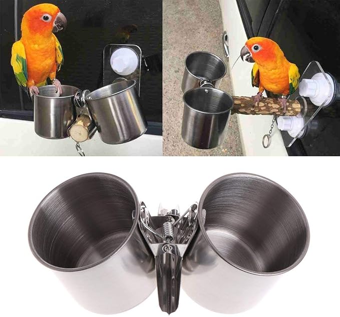 Hypeety Bird Parrot Feeding Double Cups Stainless Steel Food Water Bowls - Image 6