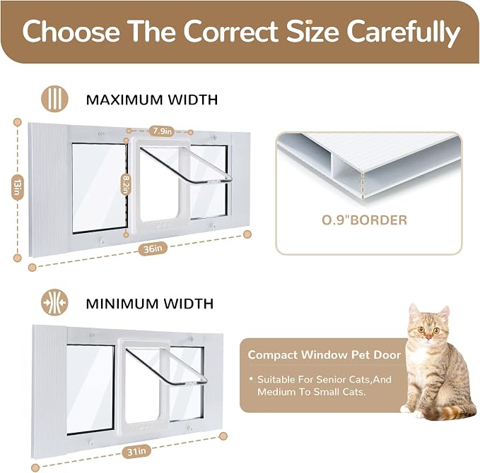 Cat Door for Window, Fits 31"-36" Width Windows, Quick-Fit Pet Door Window - Image 2