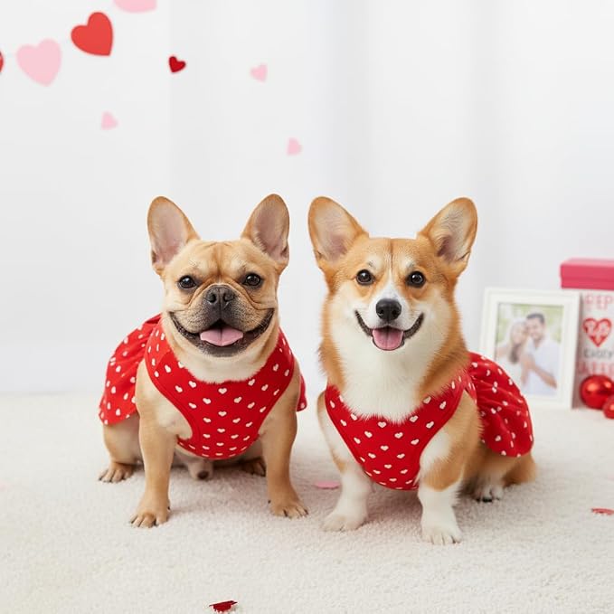 Valentine's Day Red Dog Dress, Cute White Heart Print & Satin Bow - Image 6