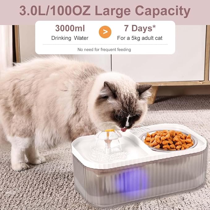 Marchul Cat Water Fountain and Stainless Steel Food Bowl, 100oz/3L Super Quiet - Image 3