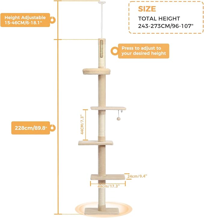 PETEPELA Floor to Ceiling Cat Tree, Cat Tower 5-Tier Height Adjustable - Image 6