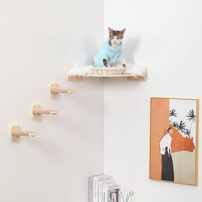 Large Cat Shelves with 3 Steps, Wall Mounted Cat Climbing Shelf with Plush - Image 9
