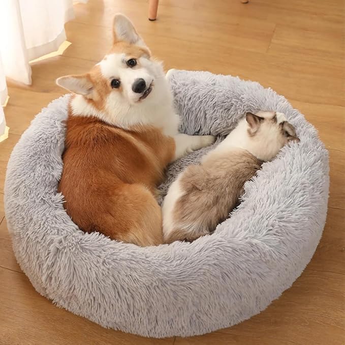 Original Calming Donut Dog and Cat Bed in Shag Fur, Dog Beds by Unknown