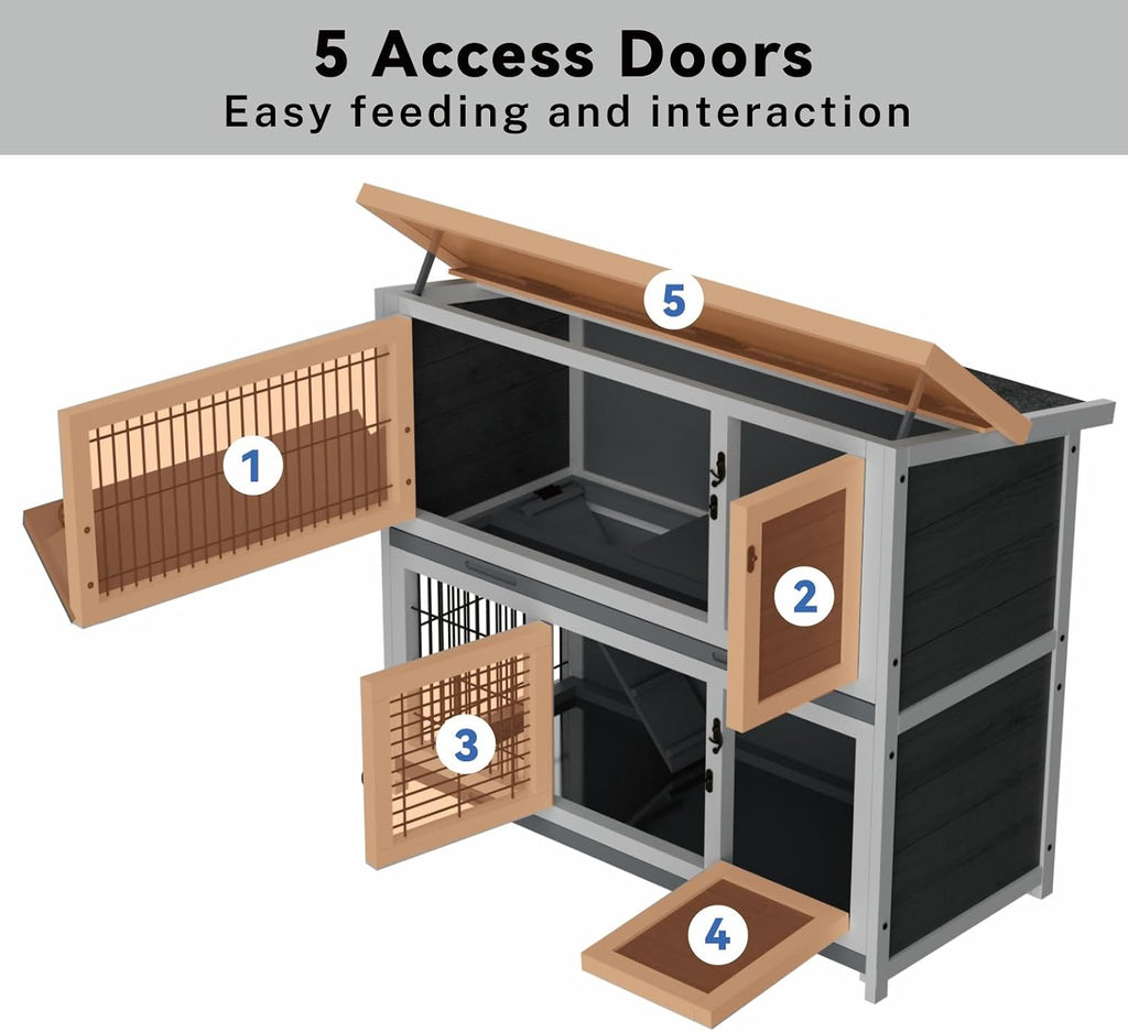 STILLCOVE 2-Story Rabbit Hutch with Hay Feeder, Grey - GlobalHabitat Supply