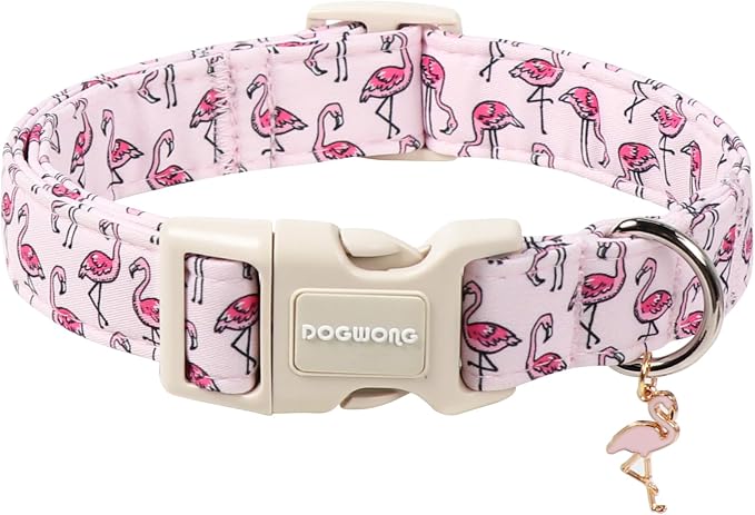 DOGWONG Cute Pet Dog Collar Pink Flamingos Cotton Dog Collar- Soft Girl Puppy by DOGWONG
