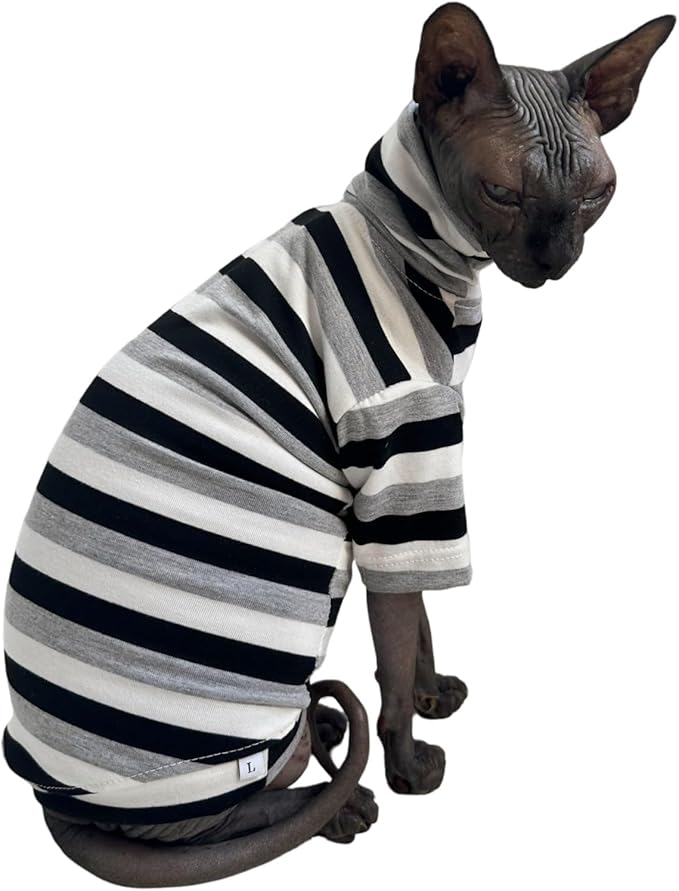 Vintage Stripes Sphynx Hairless Cats Shirt Cotton Cat Turtleneck Pet Clothes - Image 3
