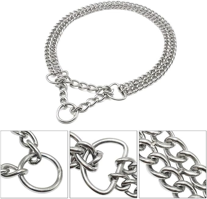 Silver Dog Choker Collar, 2 Rows Stainless Steel Dog Chain Cuban Link Metal - Image 5