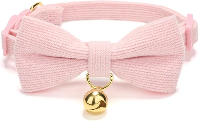 Soft Corduroy Cat Collar with Bell and Bowtie, Safety Breakaway Clasp, by Petiry