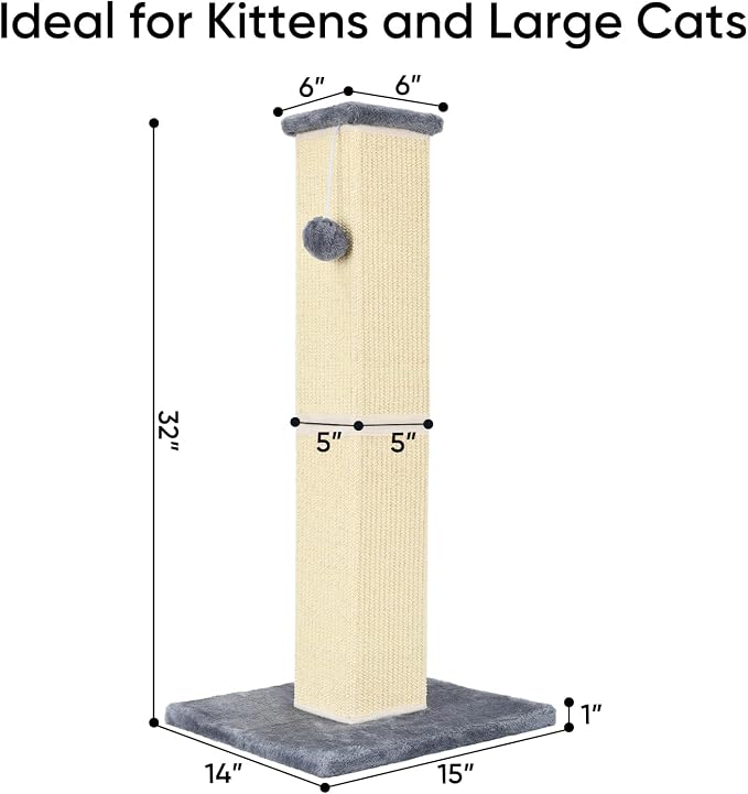 32" Tall Cat Scratching Post for Large Indoor Cats & Kittens, Cat Scratcher - Image 2