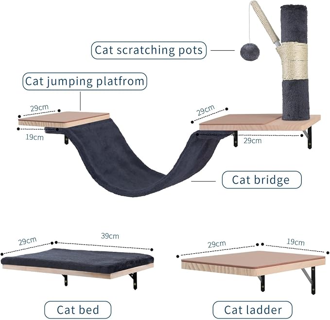 Cat Wall Shelves, Solid Wood Cat Wall Furniture Set, - Image 6