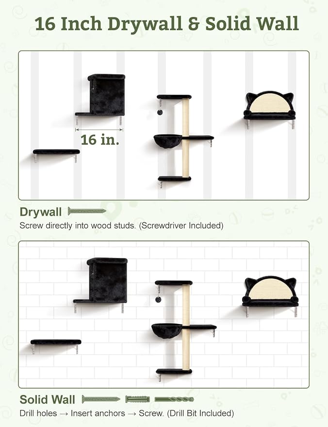 5-in-1 Cat Wall Shelves, Solid Wood & Velvet & Sisal Scratcher, 44lbs Max Load - Image 7