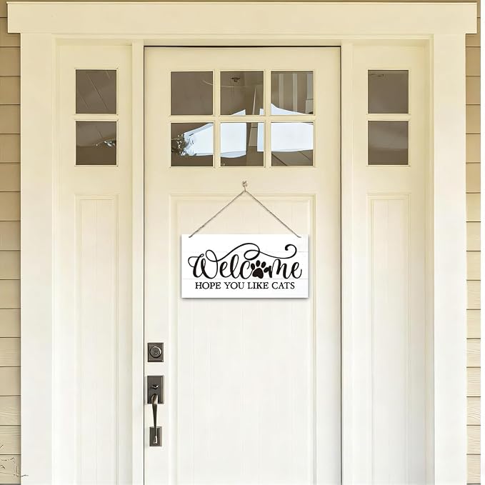 Welcome Sign for Front Door, Welcome Decor Wooden Hanging Sign for Cats Lover - Image 4