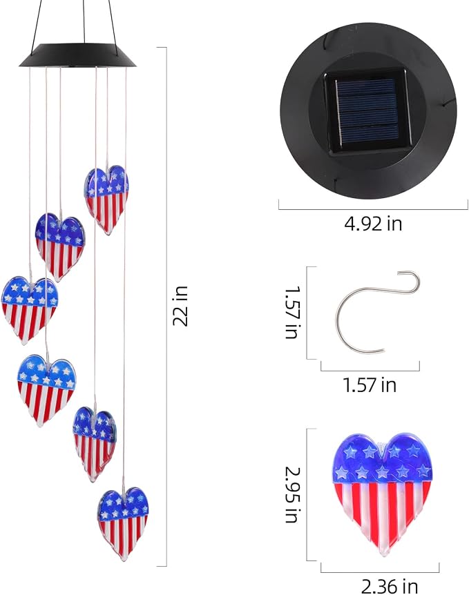 American Flag Solar Wind Chimes, Heart-Shaped Love Patriotic Wind Chime Color - Image 9