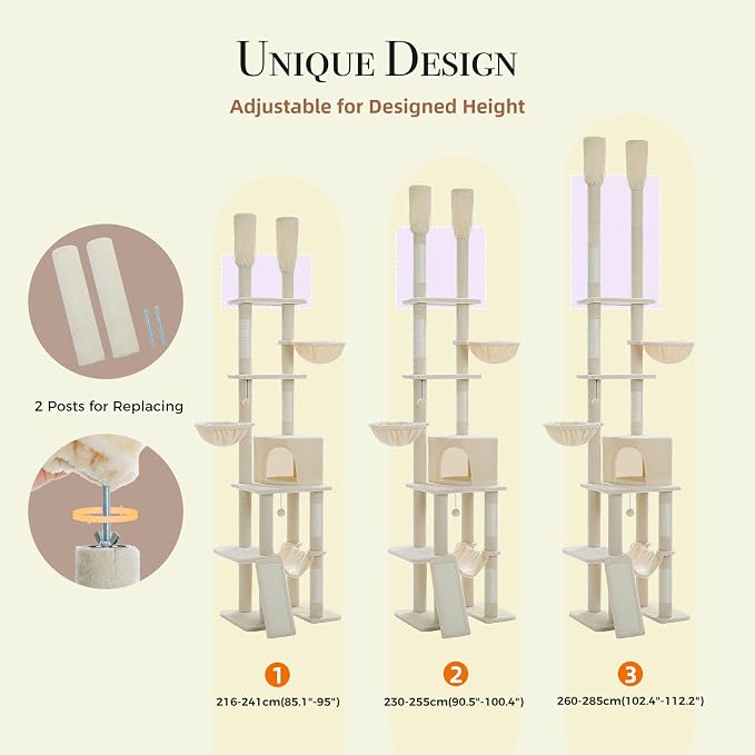 Floor to Ceiling Cat Tree Height Adjustable, Tall Cat Tower 7 Tiers Activity - Image 2