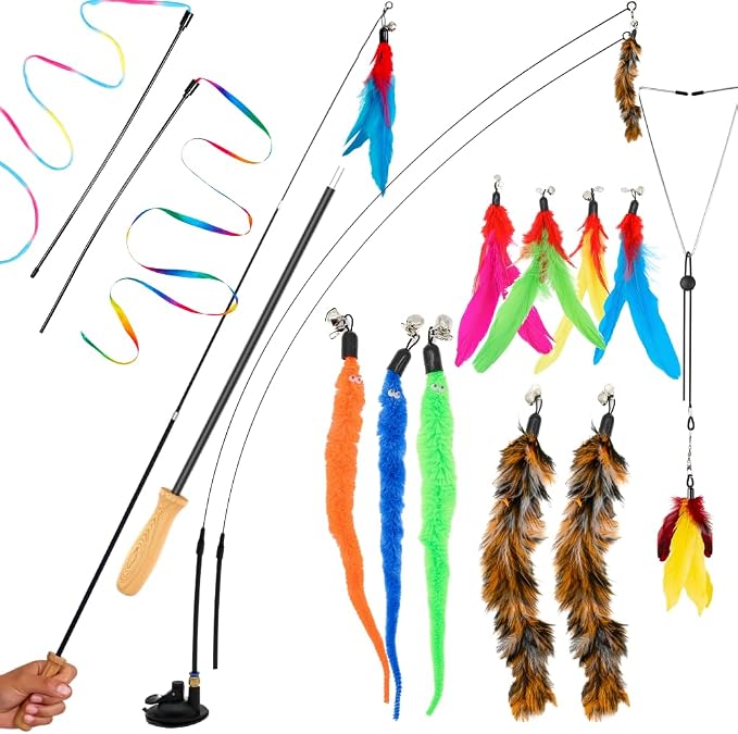 Cat Toys Set Cat Fishing Pole Retractable Wand Suction Cup & Hanging Teaser Wand by GADGETSOLOGY