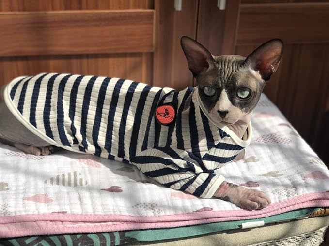 DENTRUN Hairless Cats Shirt Breathable Cat Daily Wear Clothes Stripe Vest - Image 3
