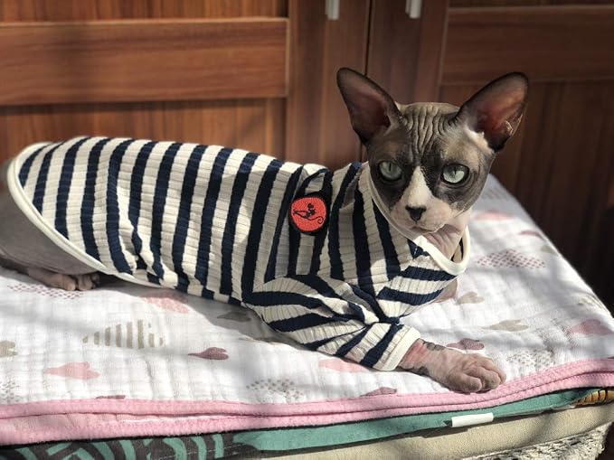 DENTRUN Hairless Cats Shirt Breathable Cat Daily Wear Clothes Stripe Vest - Image 3