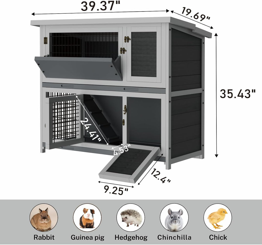 STILLCOVE 2-Story Rabbit Hutch with Hay Feeder, Grey - GlobalHabitat Supply