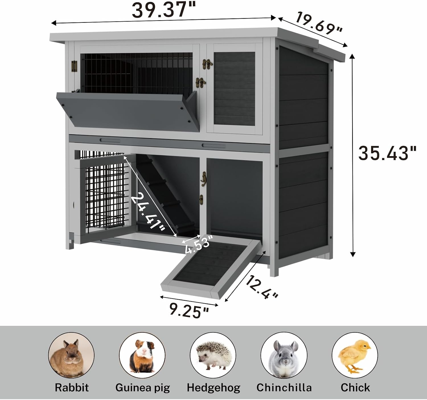 STILLCOVE 2-Story Rabbit Hutch with Hay Feeder, Grey - GlobalHabitat Supply