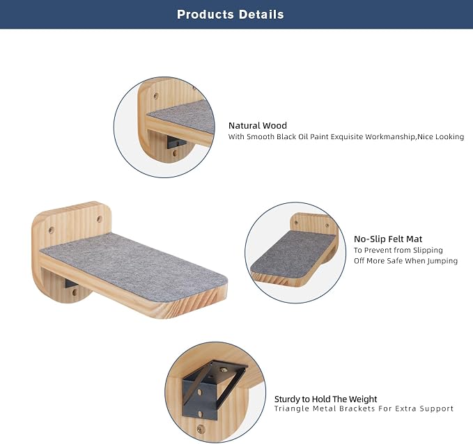 ESPETS Set of 3 Natural Wood Cat Wall Steps Floating Ladder Stairs- Wall - Image 2