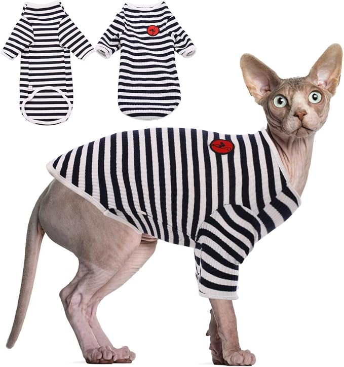 DENTRUN Hairless Cats Shirt Breathable Cat Daily Wear Clothes Stripe Vest by DENTRUN