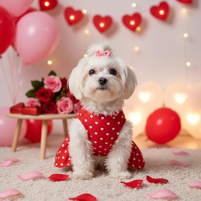 Valentine's Day Red Dog Dress, Cute White Heart Print & Satin Bow - Image 5