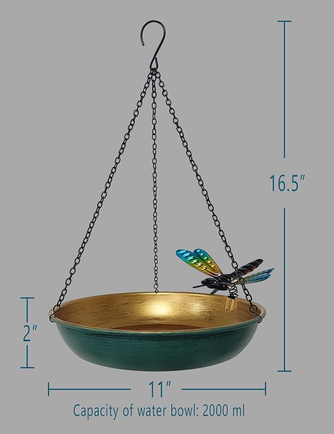 Hanging Birdbath Bird Feeder for Outdoor 11 Inch Green/Bronze Cute Metal Bird - Image 2