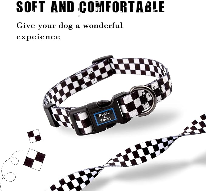Roses&Poetry Dog Collar with Colourful Checkered Patterns, Adjustable Durable - Image 4