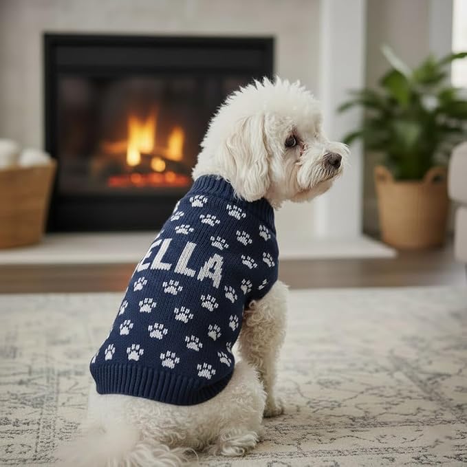 Custom Pet Knit Sweater with Name Personalized Dog Cat Outfit Paw Pattern - Image 2