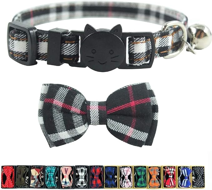 Cat Collar Breakaway with Bell and Bow Tie, Plaid Design Adjustable Safety by Ximipet