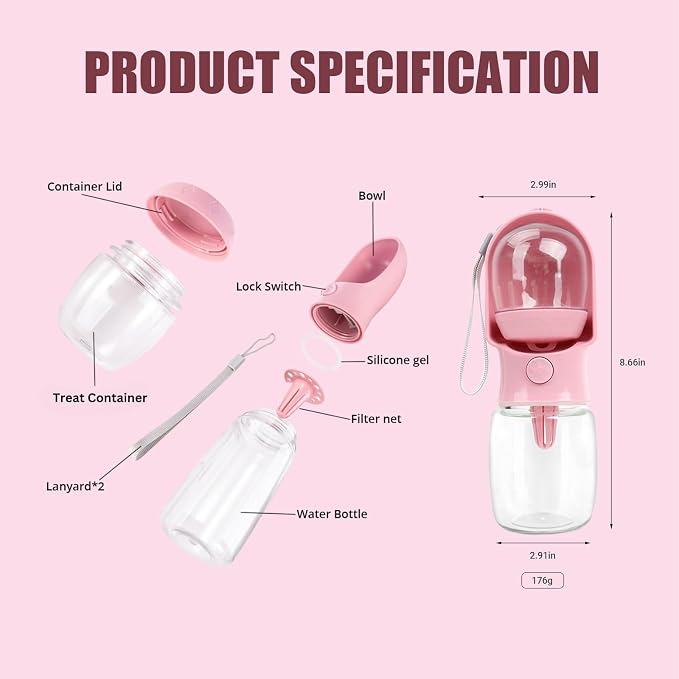 2-in-1 Dog Water Bottle with Food Container - 10oz Leak-Proof Travel Water - Image 2