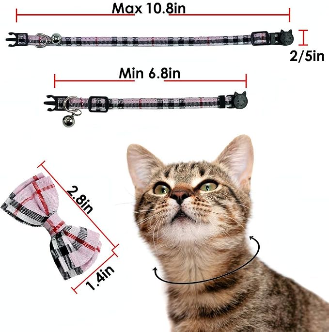 Cat Collar Breakaway with Bell and Bow Tie, Plaid Design Adjustable Safety - Image 7