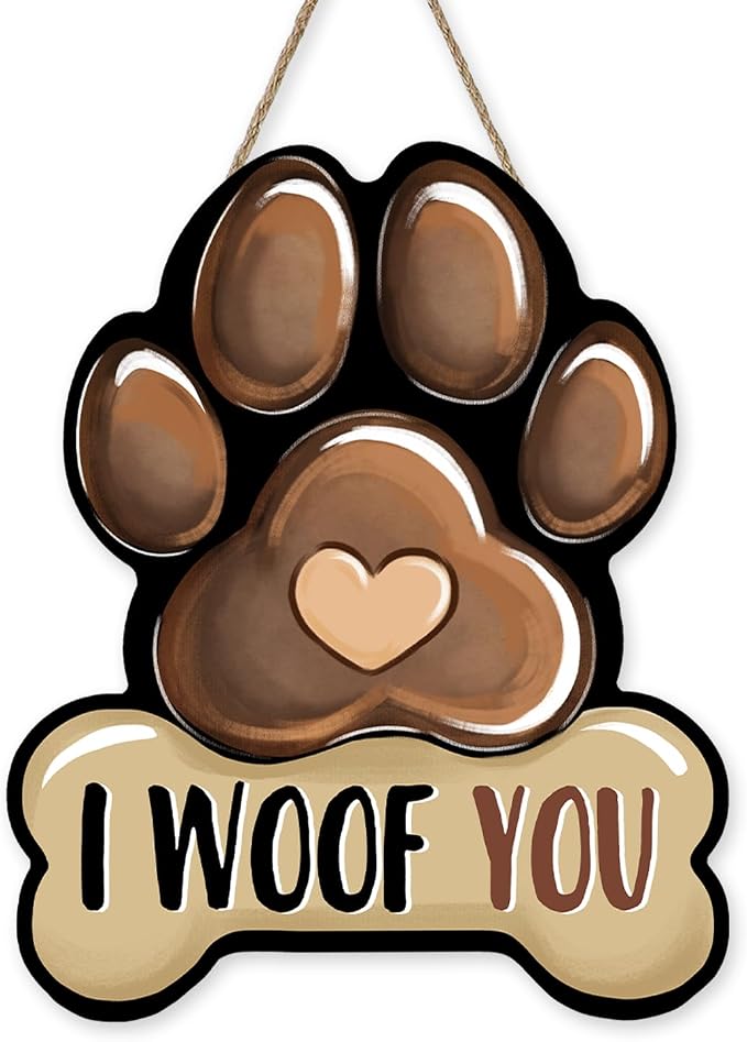 Dog Paw Prints Front Door Sign, I Woof You Bone Wood Hanger Outdoor Outside by Bolisom