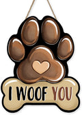 Dog Paw Prints Front Door Sign, I Woof You Bone Wood Hanger Outdoor Outside by Bolisom