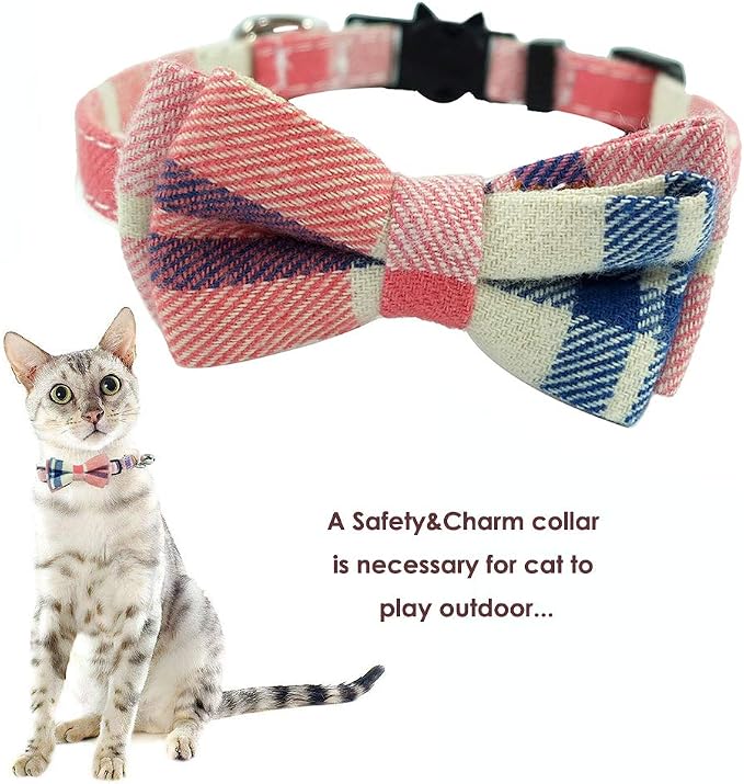 Cat Collar Breakaway with Bell and Bow Tie, Plaid Design Adjustable Safety - Image 5
