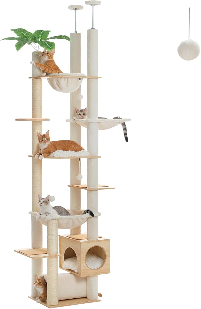 PETEPELA Floor to Ceiling Cat Tree, 93.3''-100.8'' Height Adjustable Wooden Cat by PETEPELA