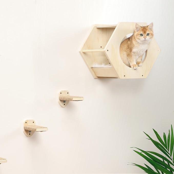 KATRIS Cat Shelves with 3 Steps Scratcher Post & Hammock, Wall Mounted Climbing - Image 2