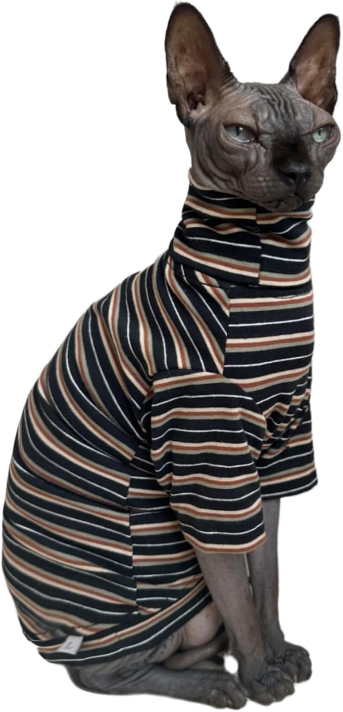 Vintage Stripes Sphynx Hairless Cats Shirt Cotton Cat Turtleneck Pet Clothes - Image 3