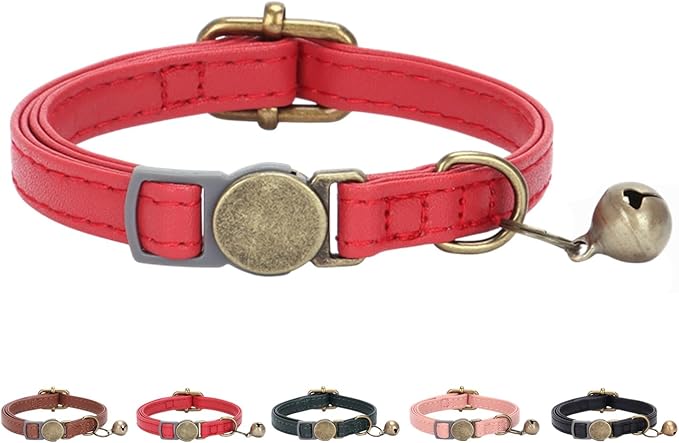 THAIN Leather Cat Collar with Bell Breakaway- Adjustable, Retro Bell fit Most by THAIN
