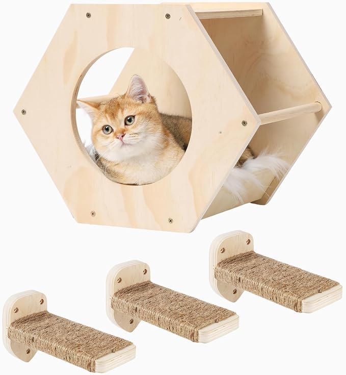 KATRIS Cat Shelves with 3 Steps Scratcher Post & Hammock, Wall Mounted Climbing by CoolEx