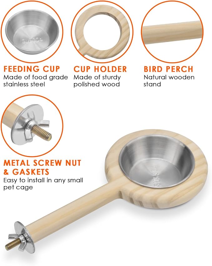 KATUMO Bird Perch Bird Feeding Cup Parrot Wood Perch Stand Toy Bird Cage - Image 3