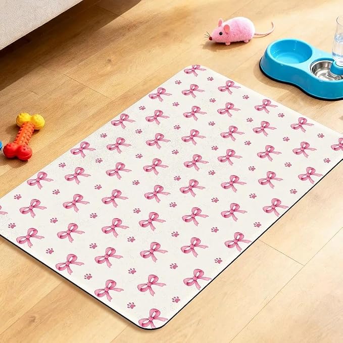 Pink Bow Dog Food Mat for Pet Cat Food Mat, Paws Absorbent Quick Dry Dog Bowl by BACDOILQ