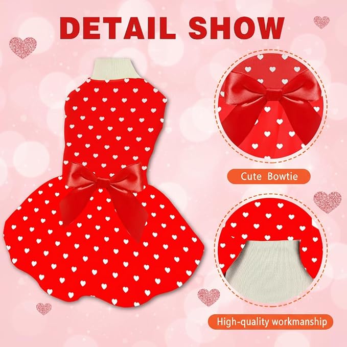 Valentine's Day Red Dog Dress, Cute White Heart Print & Satin Bow - Image 3