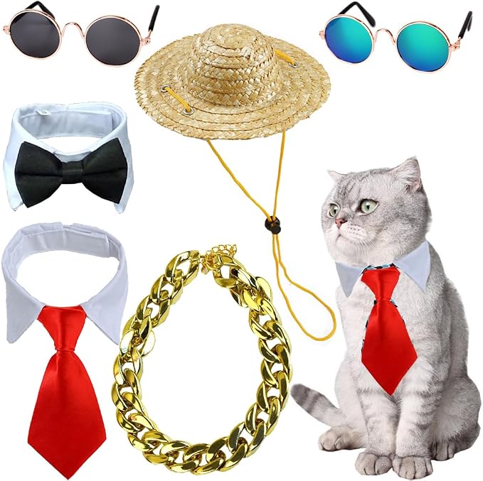 6 Pieces Pets Dog Cat Bowtie Pet Sunglasses and Summer Pet Straw Hat by Yosbabe