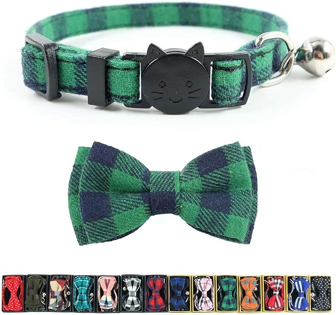 Cat Collar Breakaway with Bell and Bow Tie, Plaid Design Adjustable Safety by Ximipet