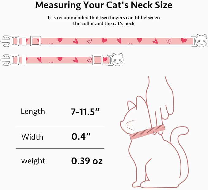 2 Pack Cotton Breakaway Cat Collar Pink and Gray Heart Shaped Pendant Cute - Image 3