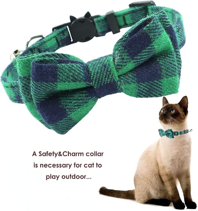 Cat Collar Breakaway with Bell and Bow Tie, Plaid Design Adjustable Safety - Image 3